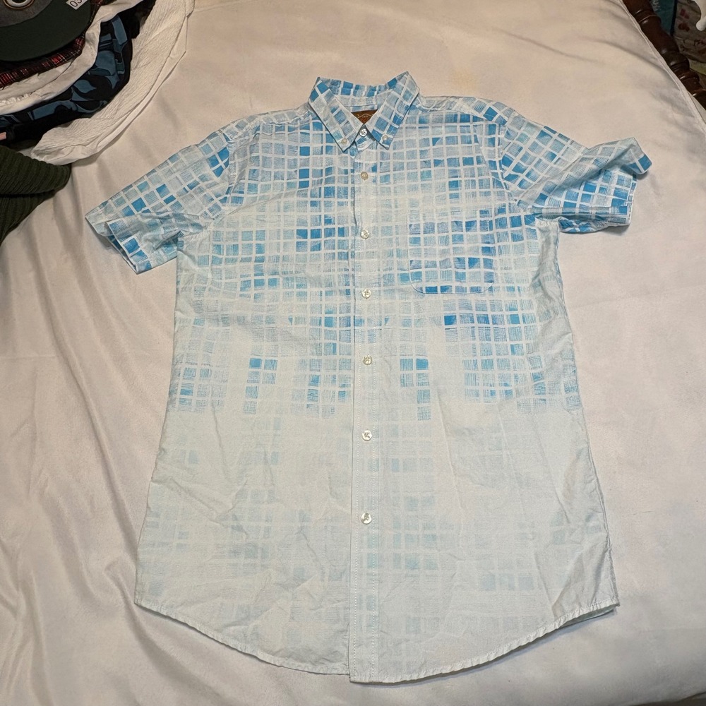 Red Camel Mens Blue White Geometric Square Print Cotton Button Down Shirt M
